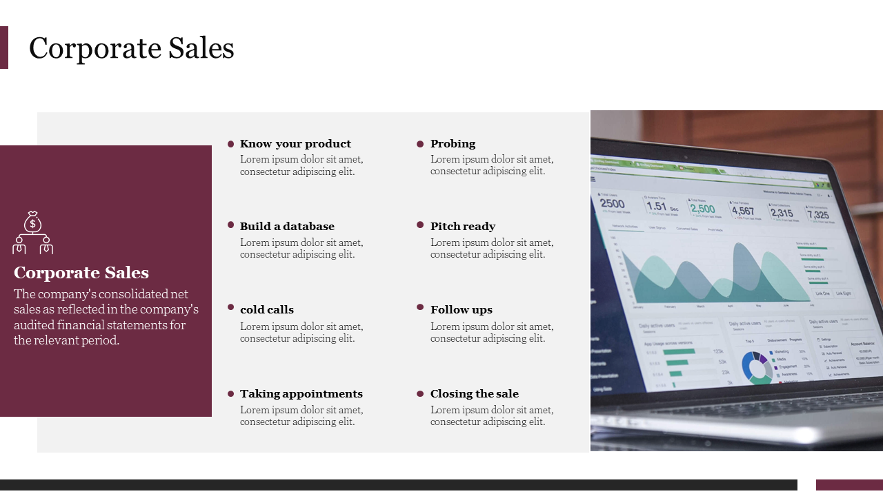 A laptop screen displaying a corporate sales chart with bullet points and a red title section on the left.