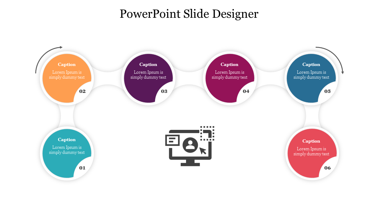 Professional slide featuring six colorful linked circles around a central computer icon for powerpoint slide designing.