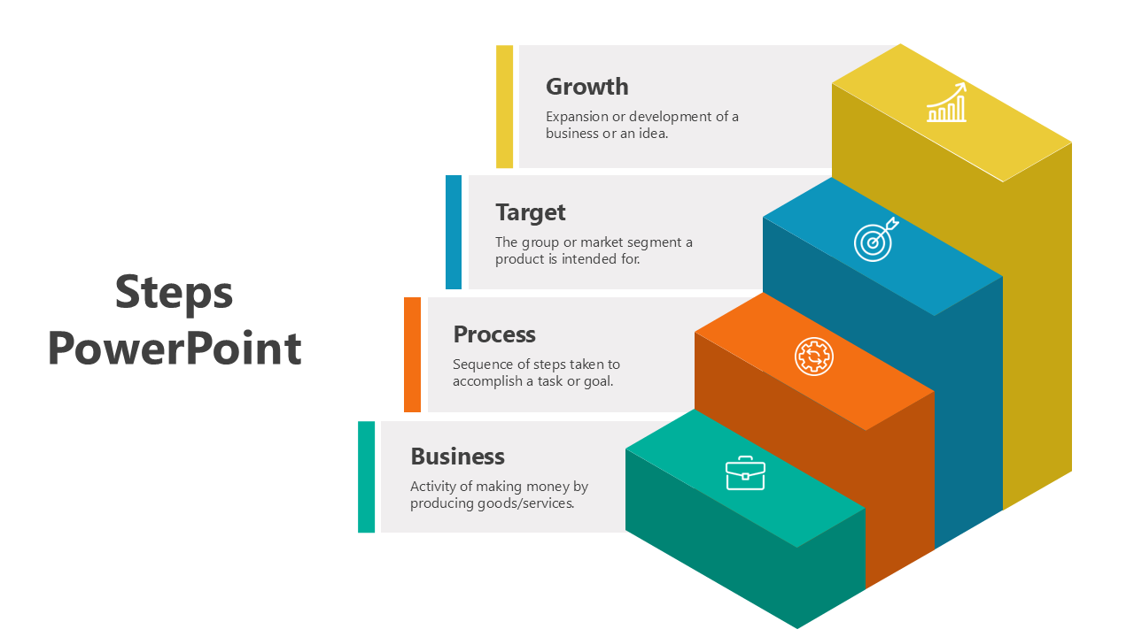 Four step PowerPoint template showing business growth, target, process, and goals with colored blocks and icons.