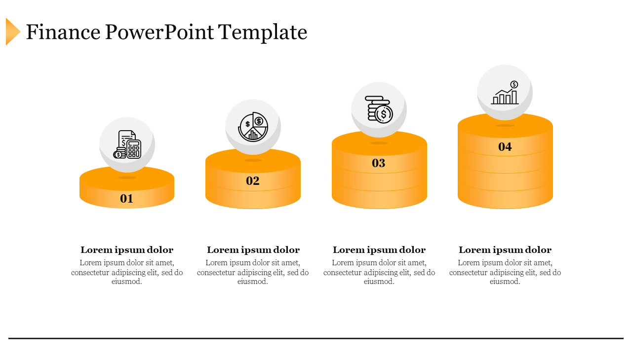 Finance slide featuring four orange stacked column graphics with icons representing financial concepts and placeholder text.