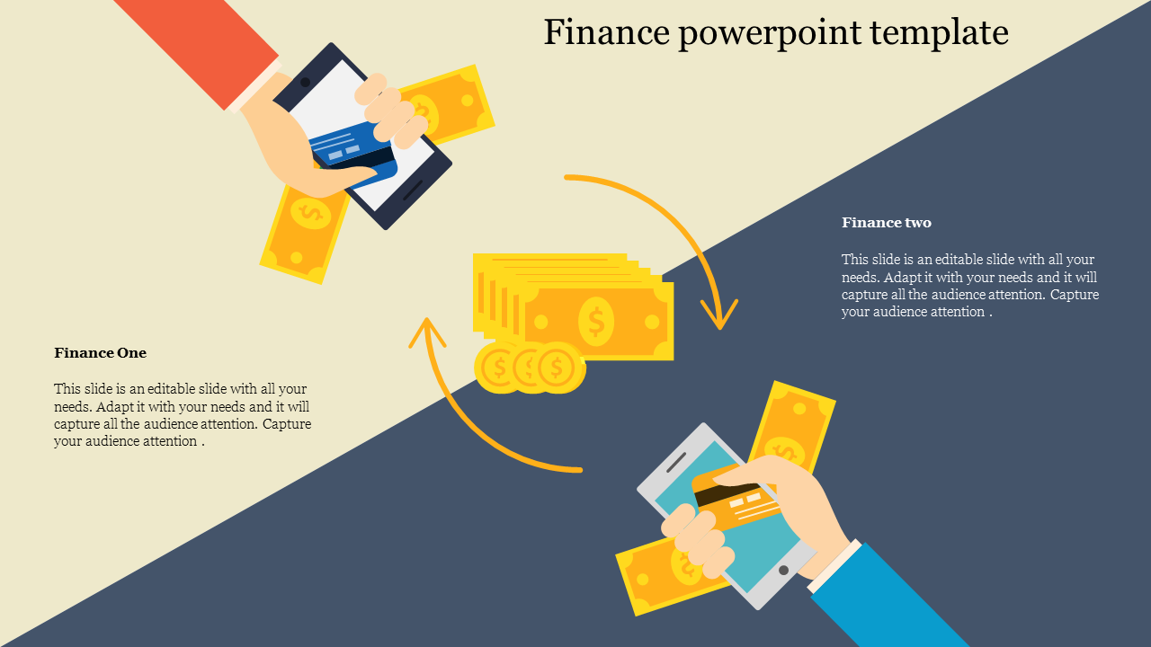 A finance themed PowerPoint slide showing two hands exchanging money, with captions.