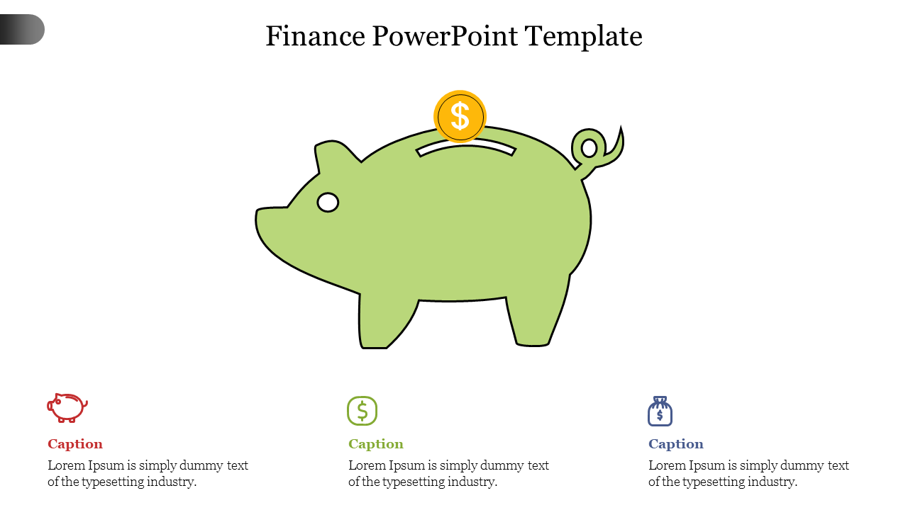 Minimalist green piggy bank illustration with a dollar coin and finance-related placeholders text areas.