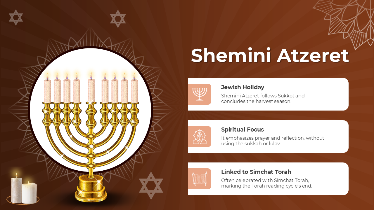 Shemini Atzeret with golden menorah, explaining its spiritual focus, Jewish holiday status, and connection to Simchat Torah.