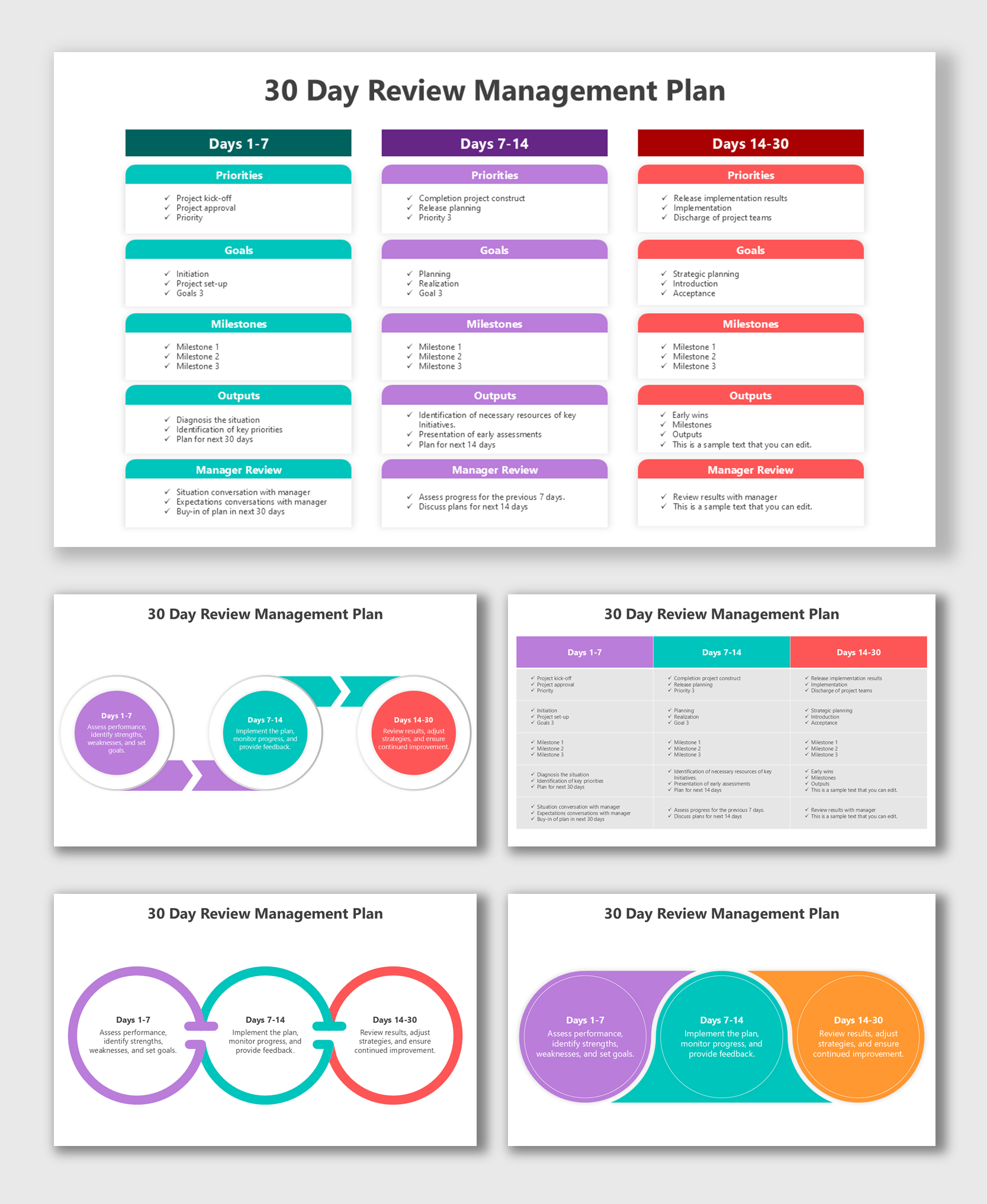 30 day review management plan slides with color-coded timelines, tasks, goals, and weekly priorities flowcharts.