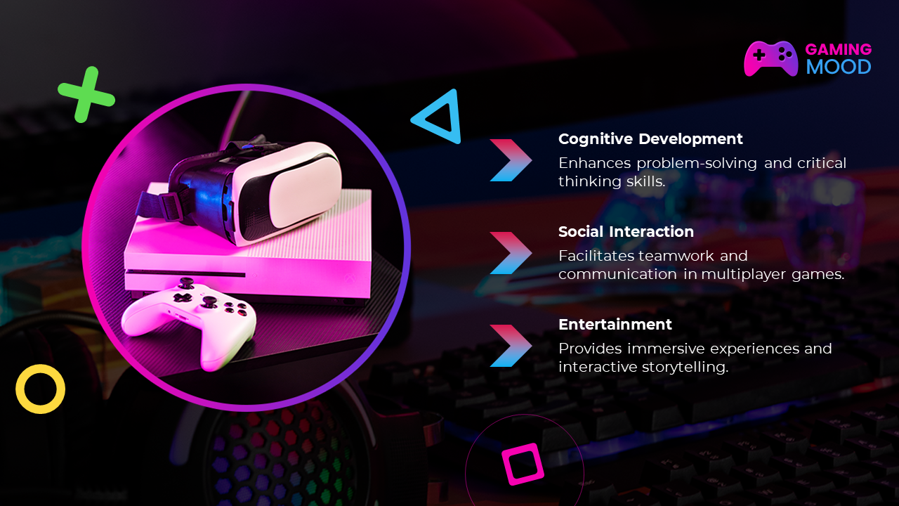 Gaming mood template highlighting cognitive, social, and entertainment benefits of gaming with VR and gaming equipment.