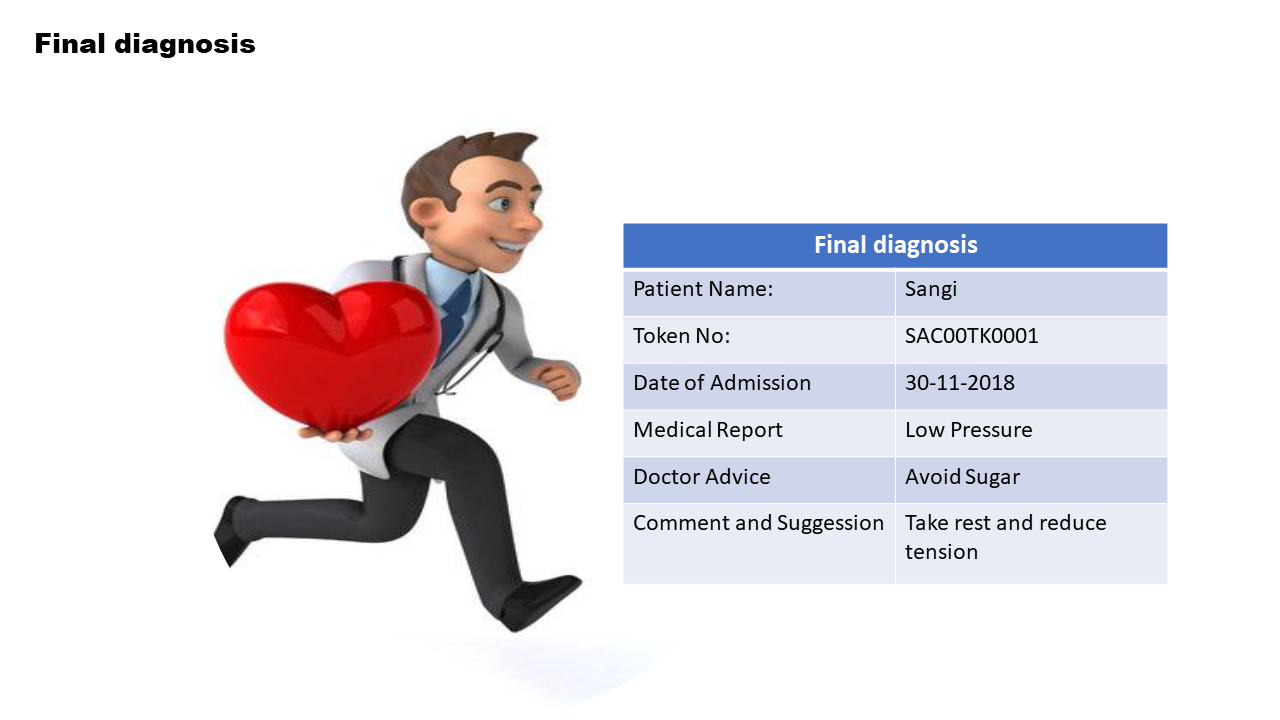 Medical slide featuring a 3D doctor illustration with a heart and a table listing patient details and advice.