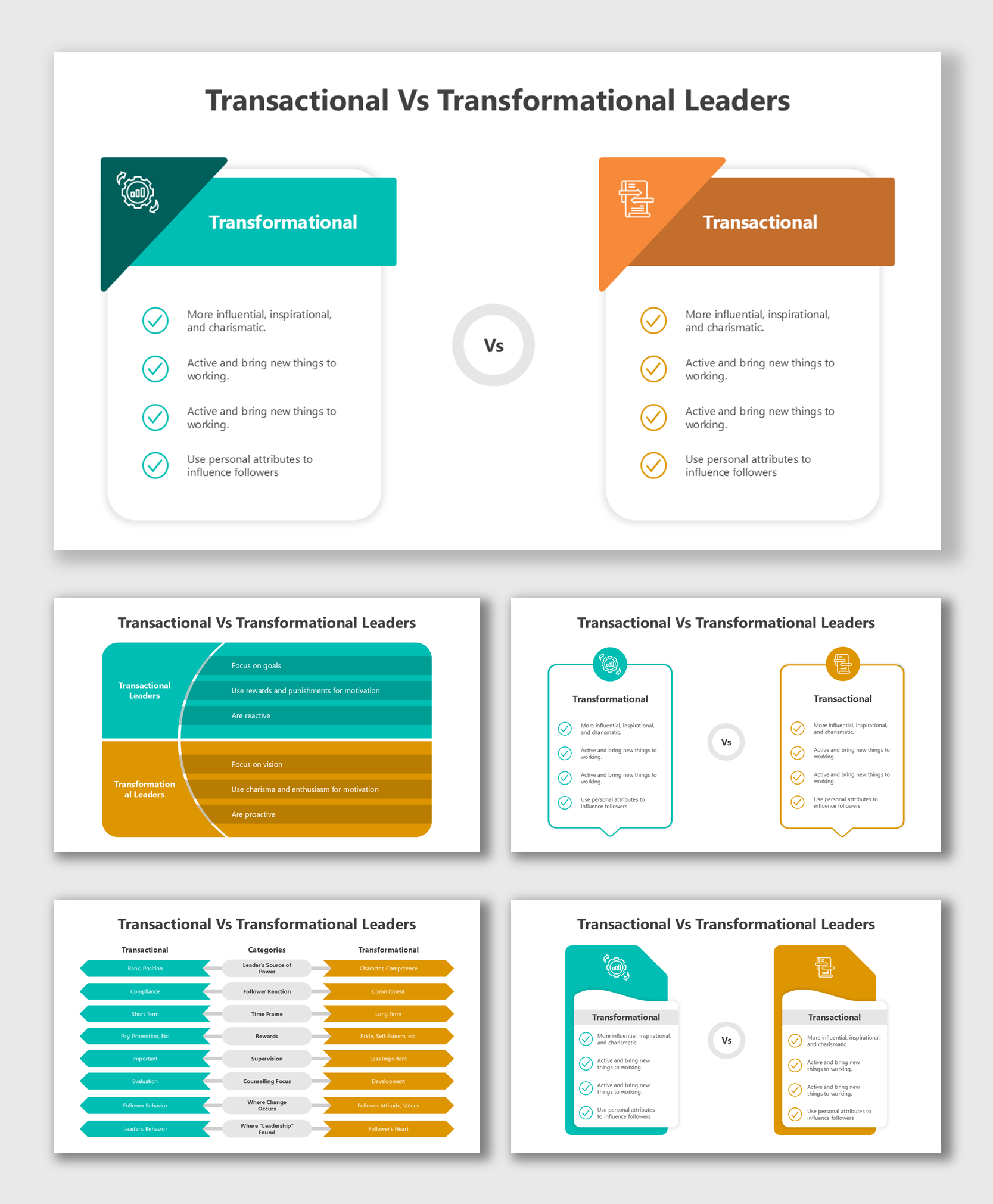 Transactional vs transformational leadership comparison template with teal and orange sections and checklist icons