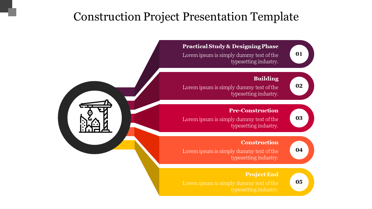 Slide illustrating the stages of a construction project from study to project end with a colorful, segmented layout.