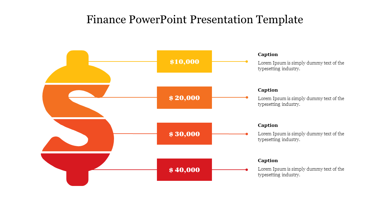 Finance template with a gradient dollar sign illustration and four horizontal banners displaying monetary values.