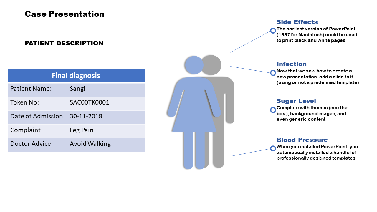 Slide featuring a patient diagnosis table with blue and gray human figure graphics, paired with four circular icons.