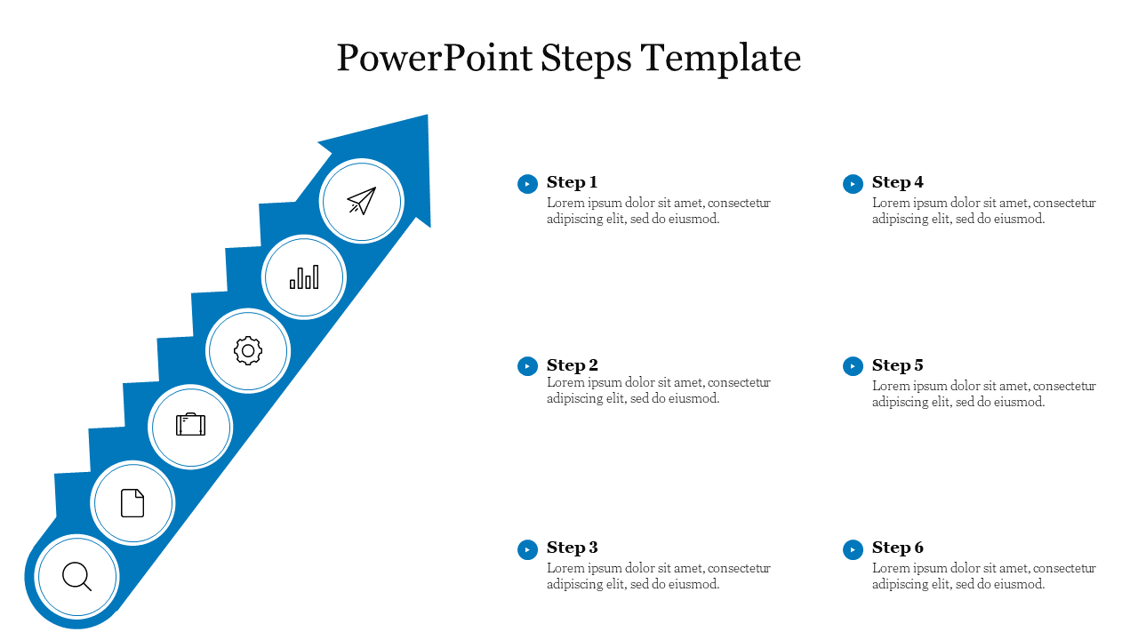 Process flow illustration featuring a blue arrow, icons with six steps and placeholders text areas.