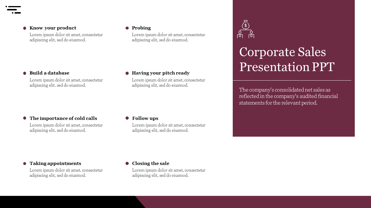 Corporate slide with maroon sidebar showing title and eight bullet points on sales strategies, on a white background.