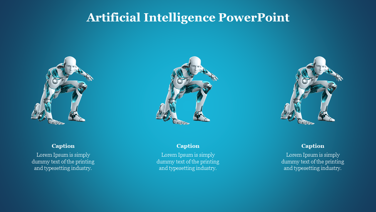 Three humanoid robots crouching in a ready to move pose, with captions below, on a gradient blue background.