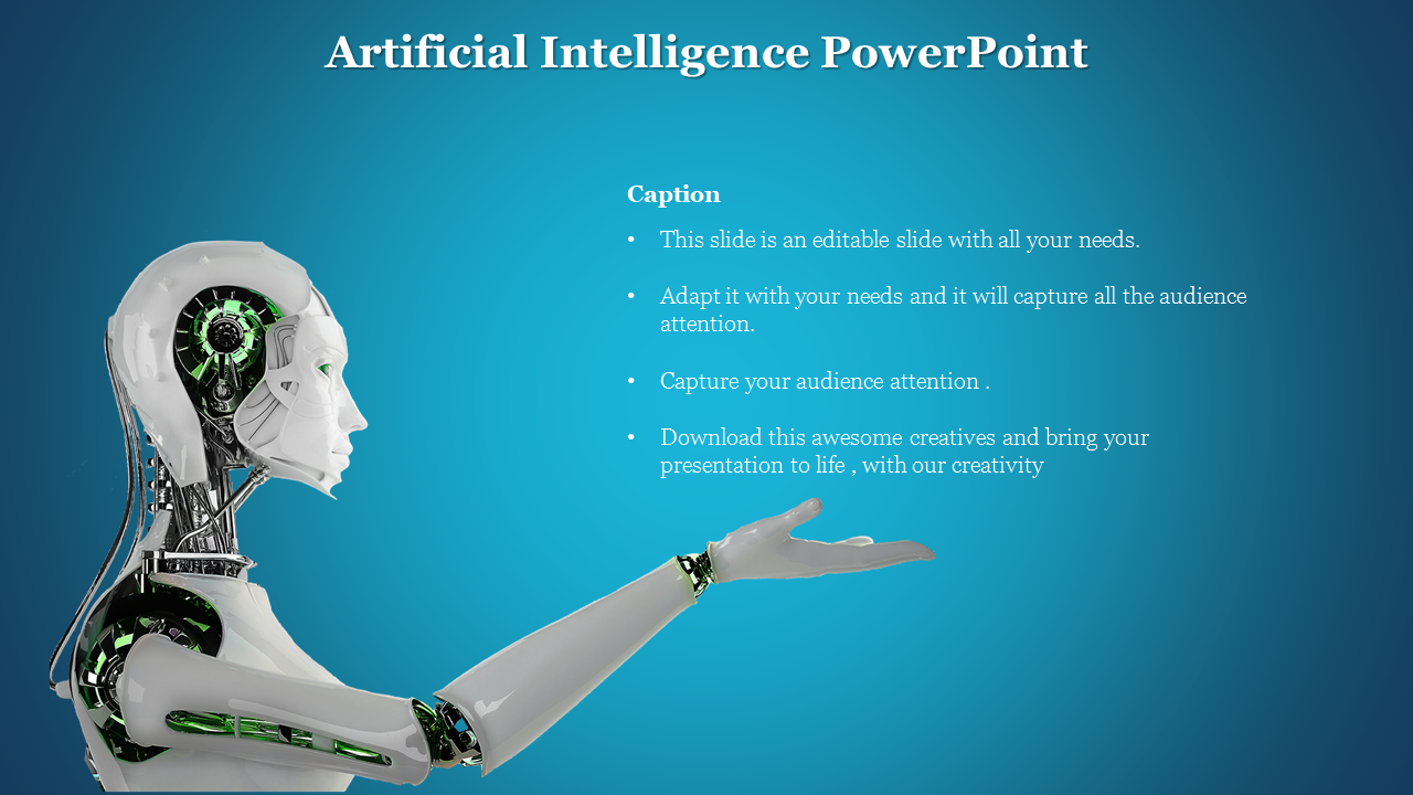 AI-themed slide with a futuristic white humanoid robot and bullet points caption area on a gradient blue background.