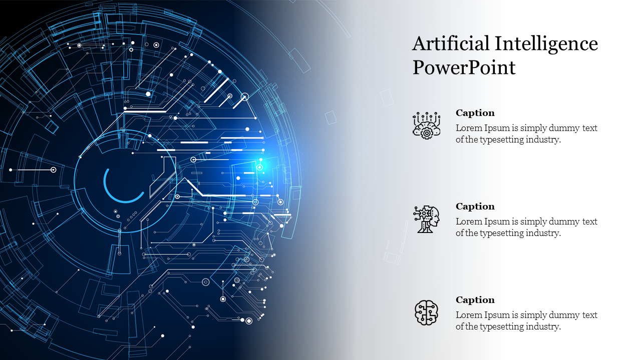 Slide showing a futuristic AI design with a blue digital circuit pattern and space for three captions each with icons.