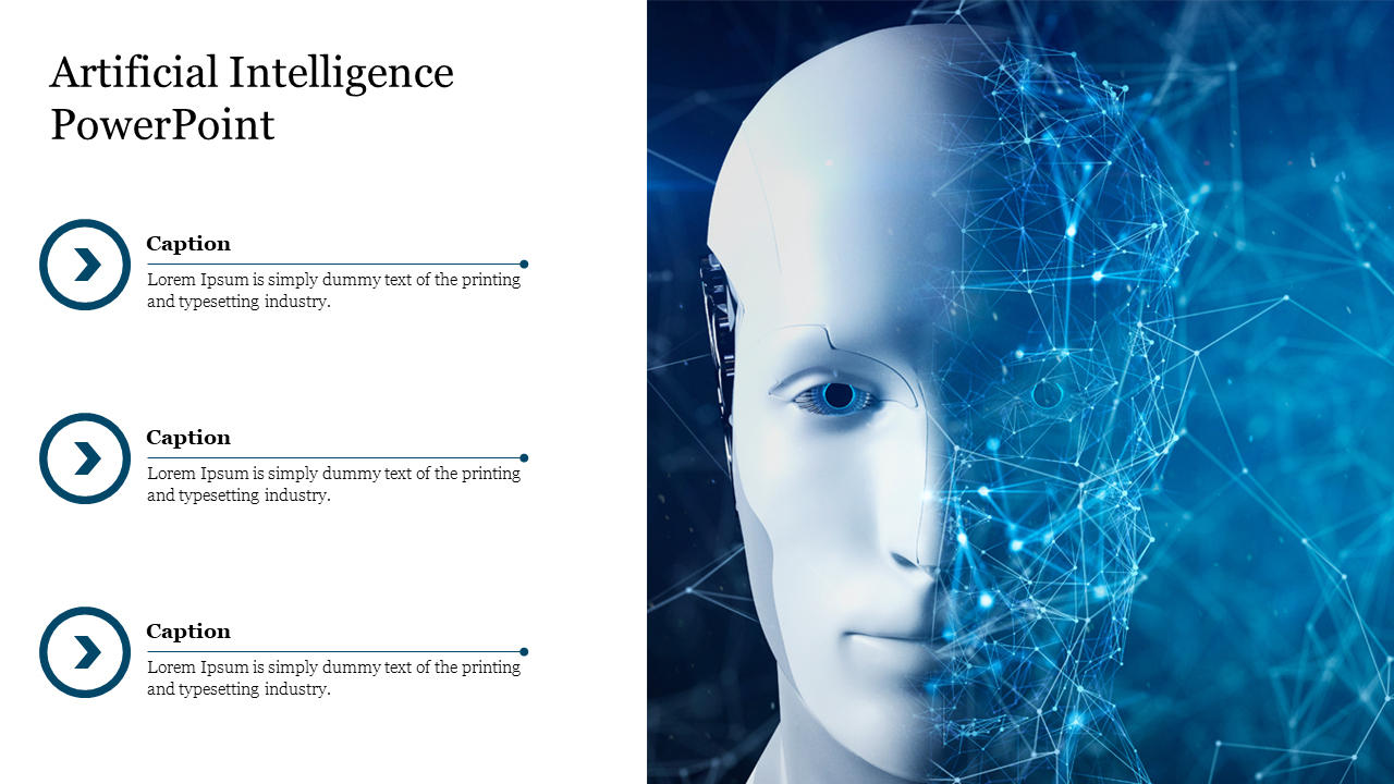 Slide featuring an artificial intelligence concept with a robotic face, highlighting its futuristic technology with captions.