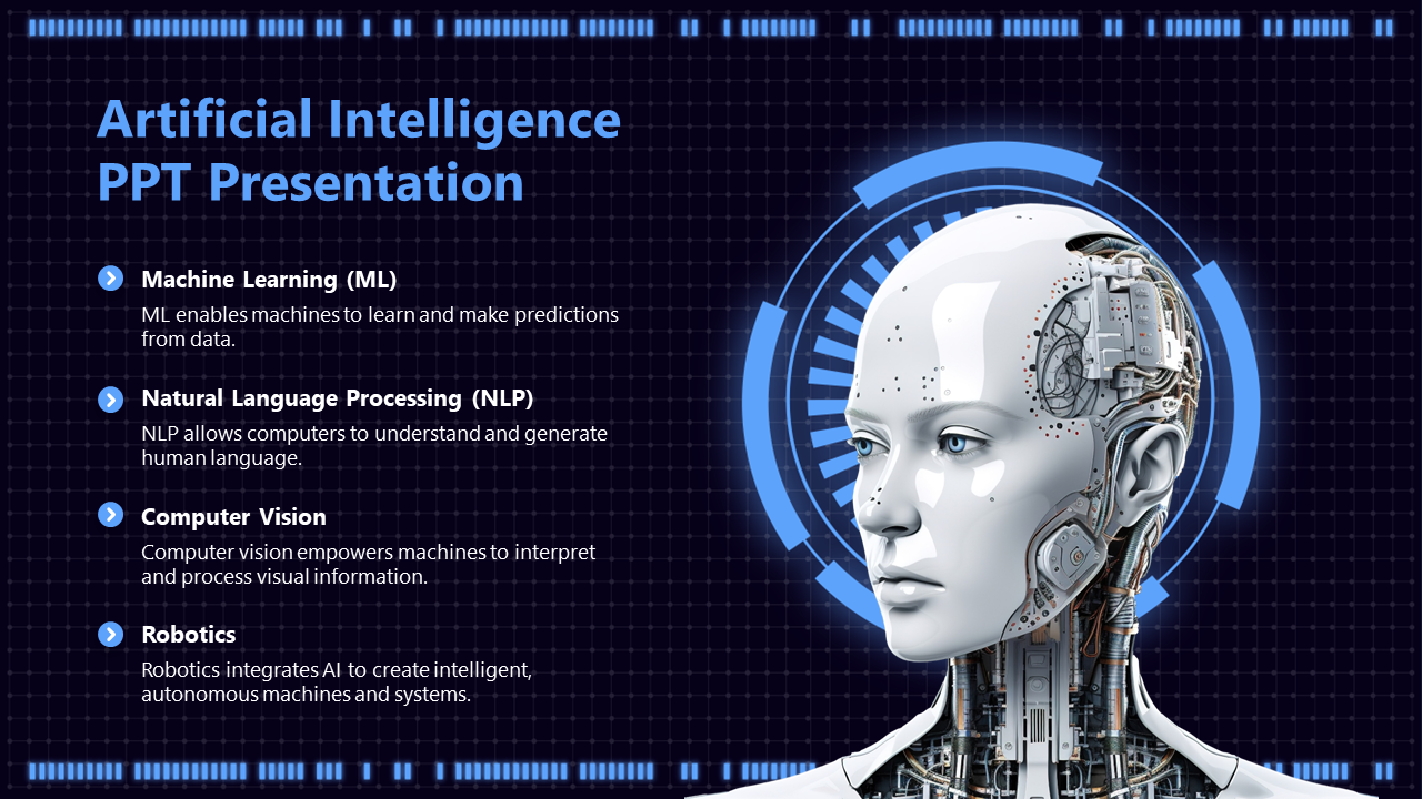 Artificial Intelligence slide with a humanoid robot and four key topics with text descriptions on a dark background.