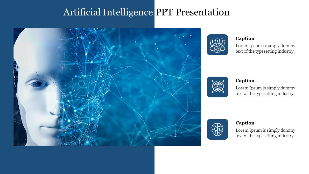 AI-themed image of a robot face blended with network connections on the left and three caption areas with technology icons.