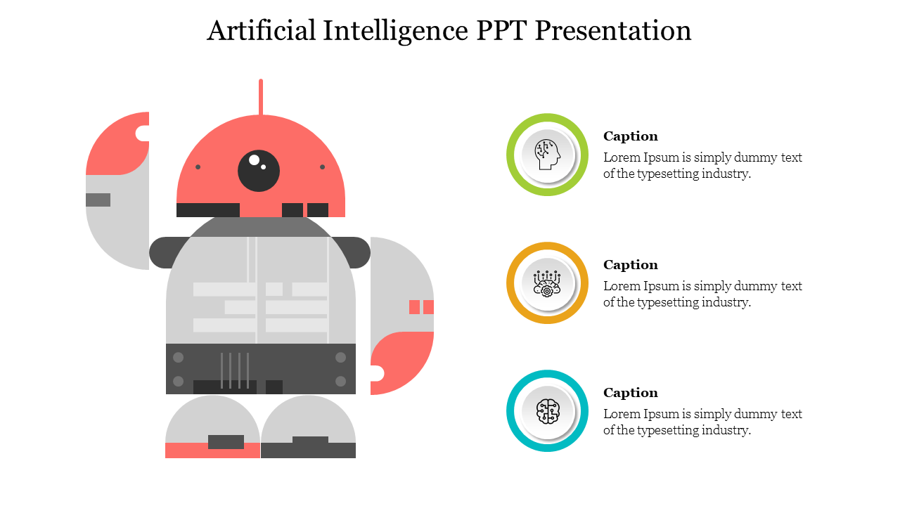 Illustrated robot in gray and red with three circular icons and captions in green, yellow, and blue on the right.