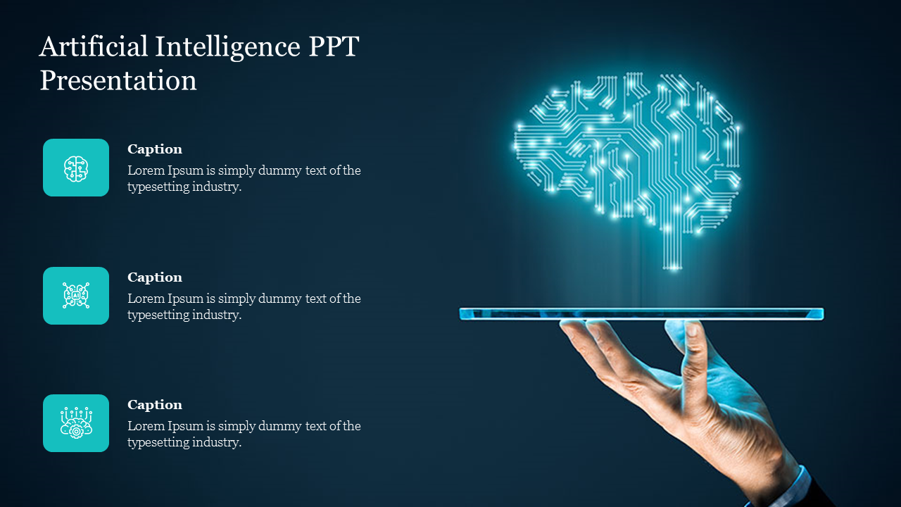 Artificial intelligence slide featuring a glowing brain graphic with circuit patterns and a hand holding transparent tablet.