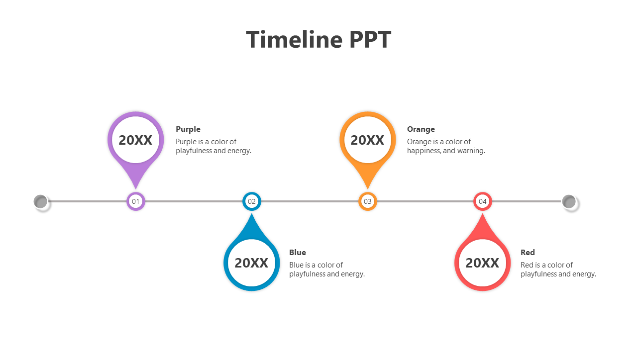 Horizontal timeline slide with four colorful markers in purple, orange, blue, and red, each with a year and description.