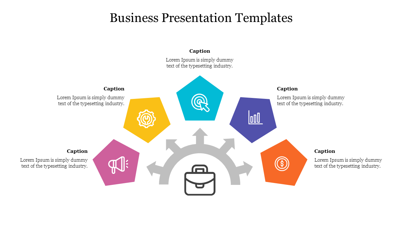 Business presentation slide with a central briefcase surrounded by five colorful icons representing key business concepts.