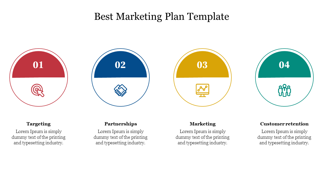 Marketing plan slide with four circular icons in red, blue, yellow, and green, each labeled with captions.