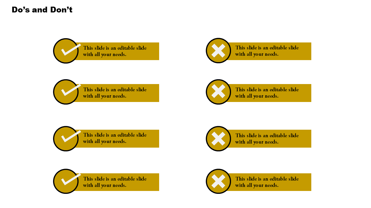 PowerPoint checklist template with do's and don'ts, featuring checkmarks and cross icons in alternating sections.