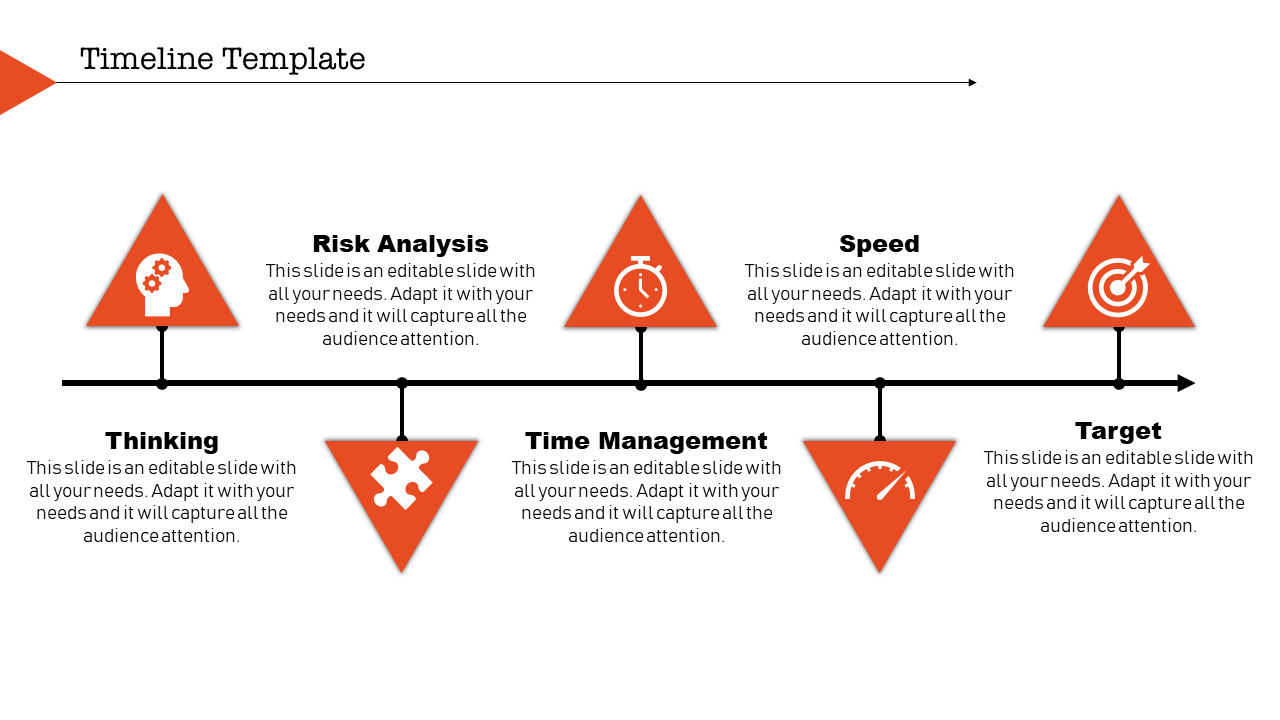 Timeline PowerPoint template with icons representing risk analysis, thinking, time management, speed, and target.