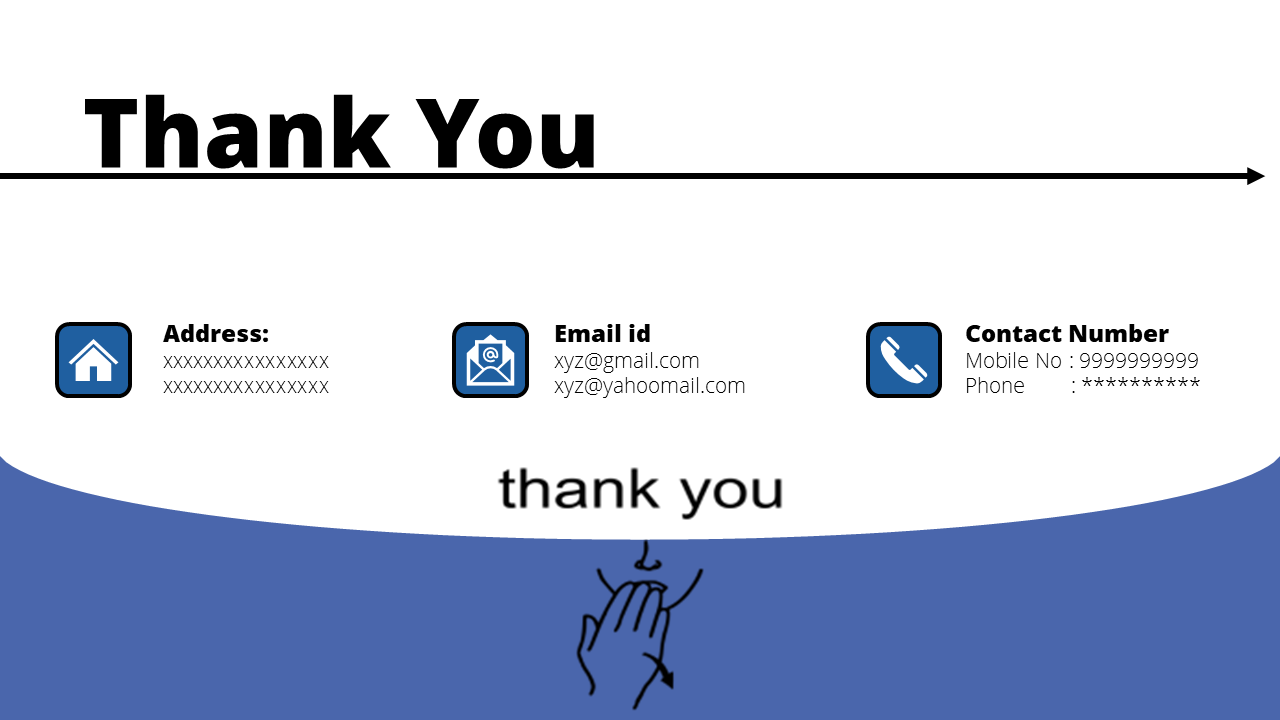 A thank you slide featuring contact details like address, email, and phone number, with a pair of hands clapping at the bottom.