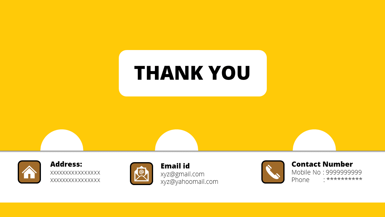 Bright yellow thank you slide with icons for address, email, and contact details at the bottom, set in a white panel.