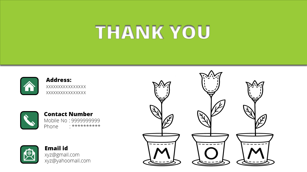 Minimalistic thank you slide featuring green accent, contact information icons, and outlined flower illustrations.