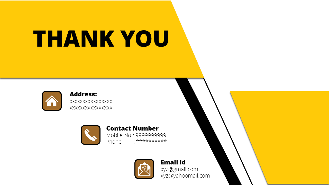 Thank you slide with a yellow and white layout, including icons for address, contact number, and email.