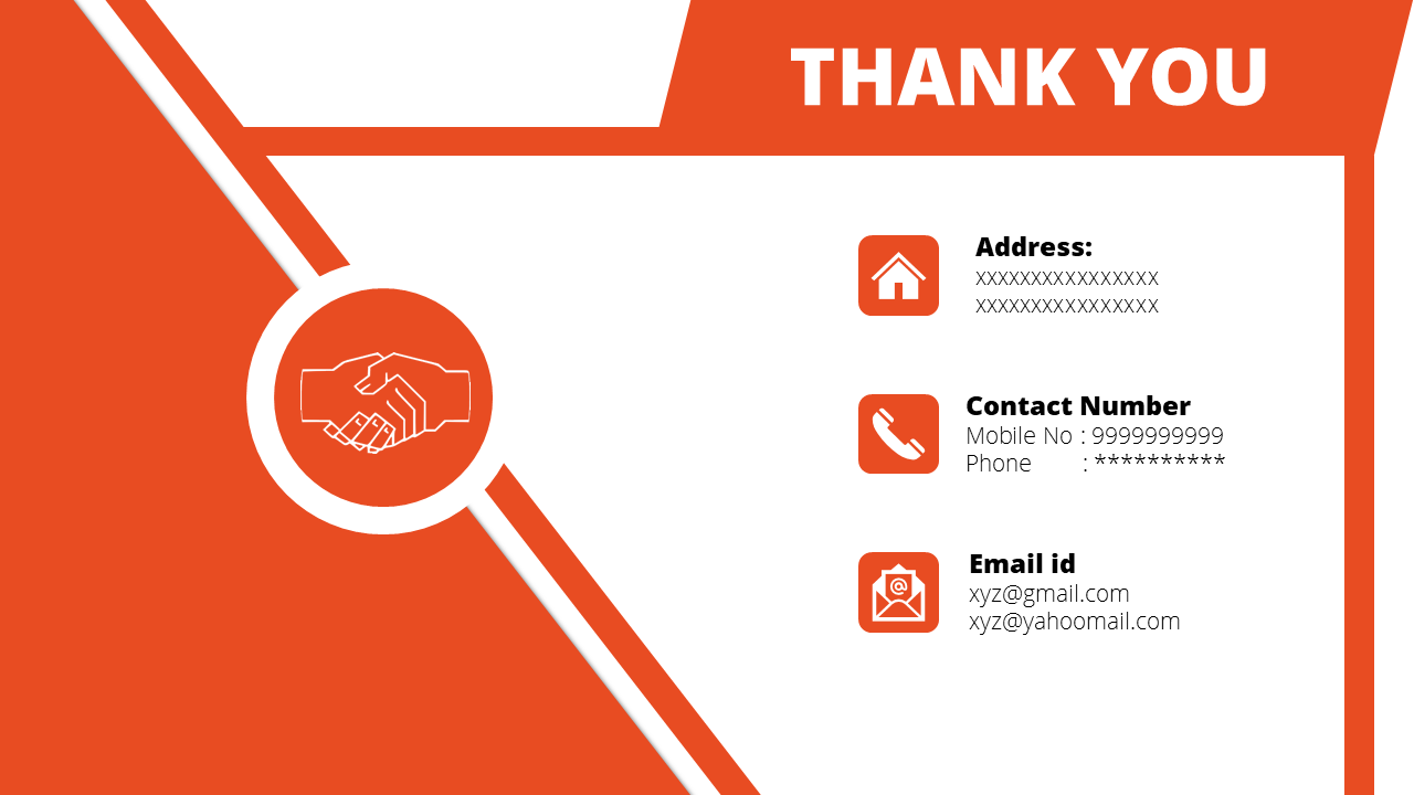 Thank you slide with an orange background featuring a handshake icon and white space for contact details.