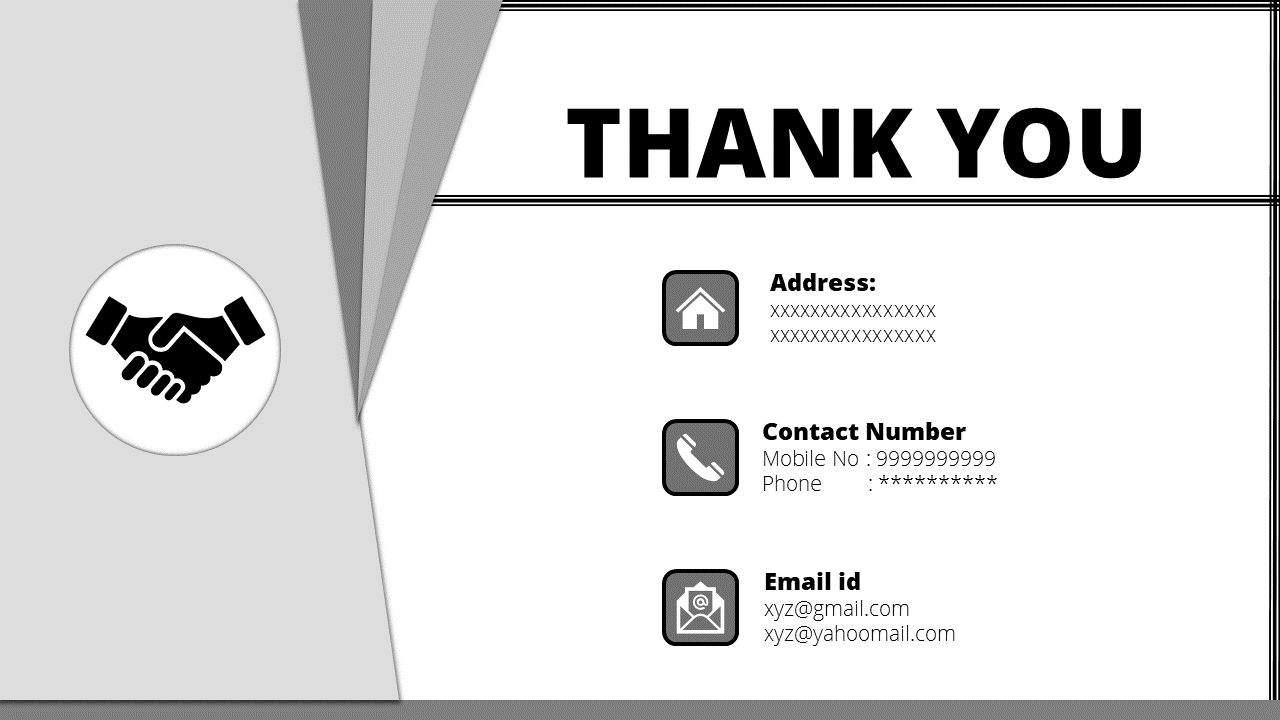 Grayscale thank you slide with a handshake icon on the left, with contact information aligned on the right.