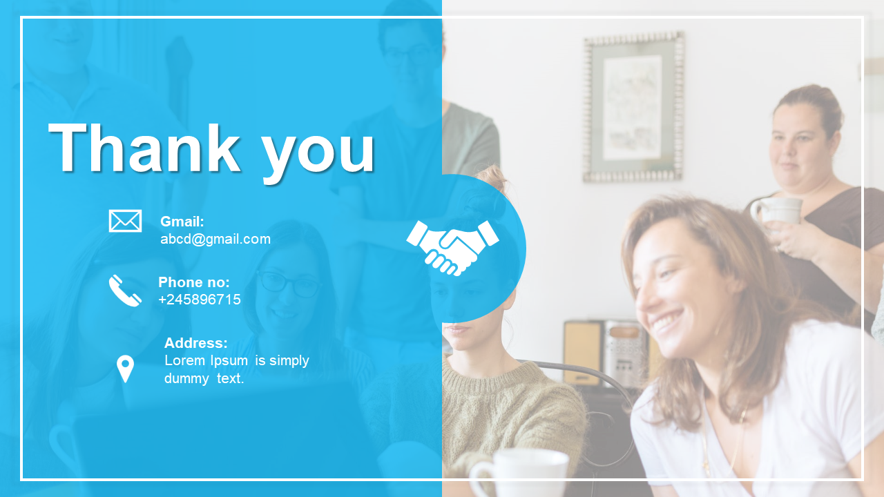 Thank you slide with a blue overlay, contact details, and a handshake icon, and a blurred image of people in the background.