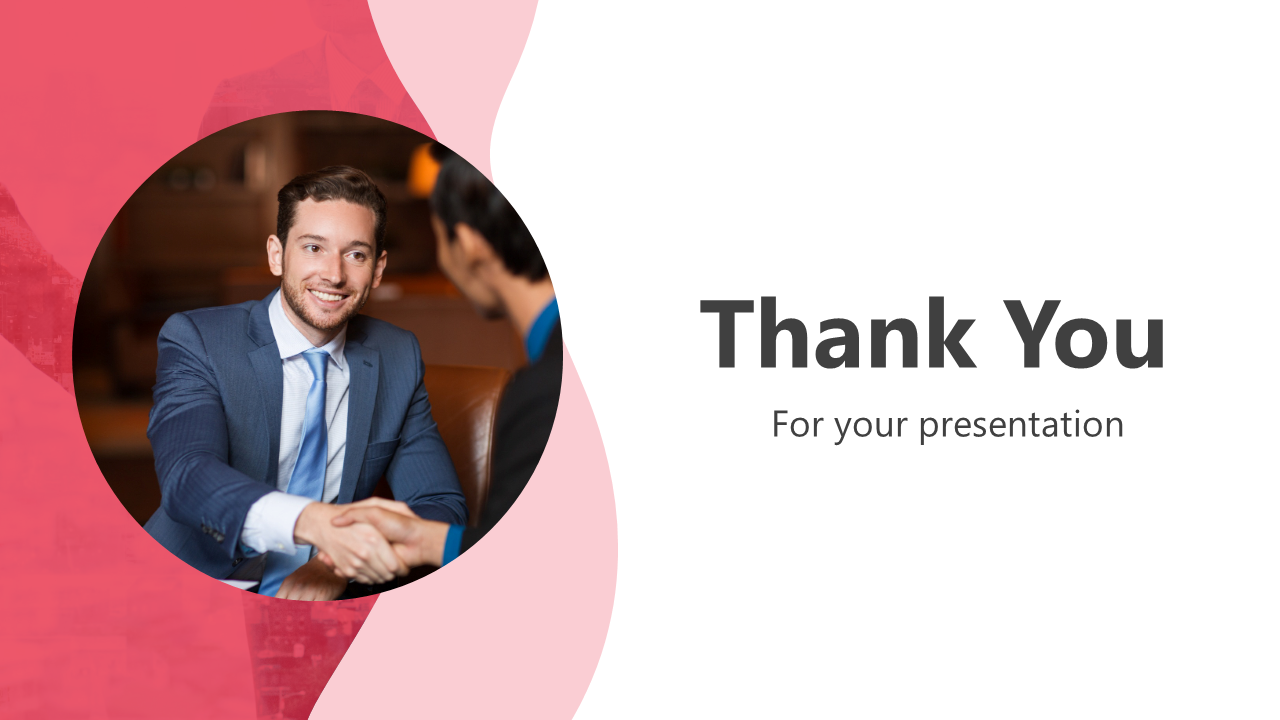 Thank you slide with a circular image of a man in a suit shaking hands on a pink background, and text on the right.