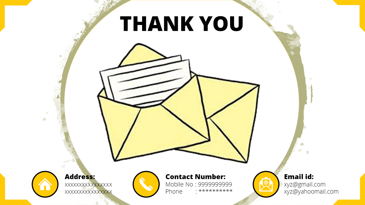 Thank You slide with a central yellow envelope graphic containing a letter, and contact details displayed at the bottom.