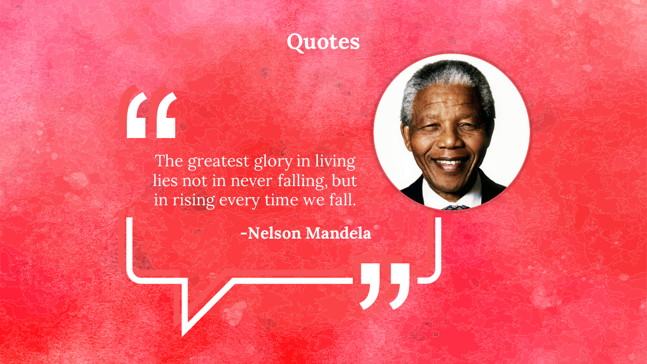 Quote slide featuring Nelson Mandela's inspirational quote on resilience, with a pink background and a circular photo.