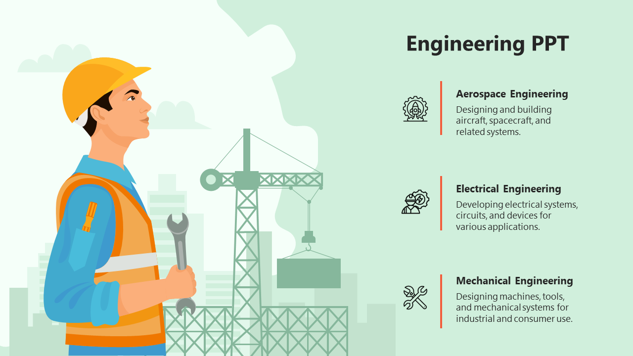 Illustration of an engineer in hard hat holding a wrench, with construction cranes in the background, and three text areas.