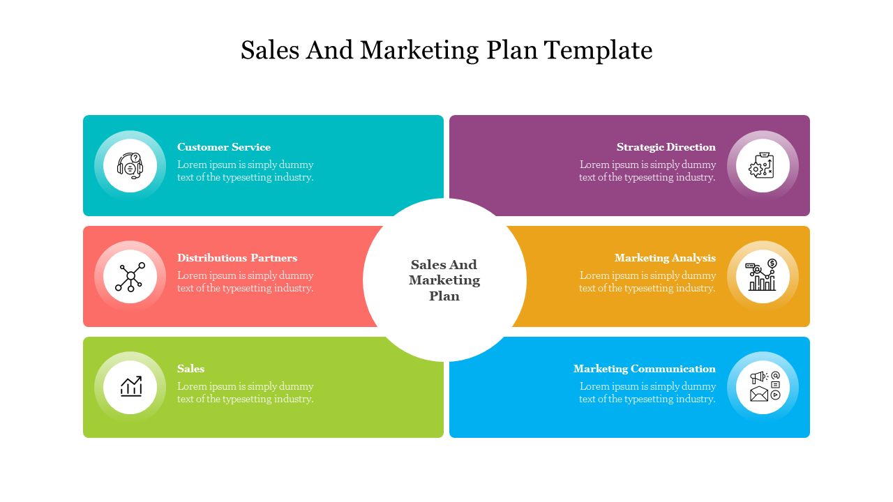 Six rectangular blocks in different colors surrounding a white circle in the center, representing a sales and marketing plan.