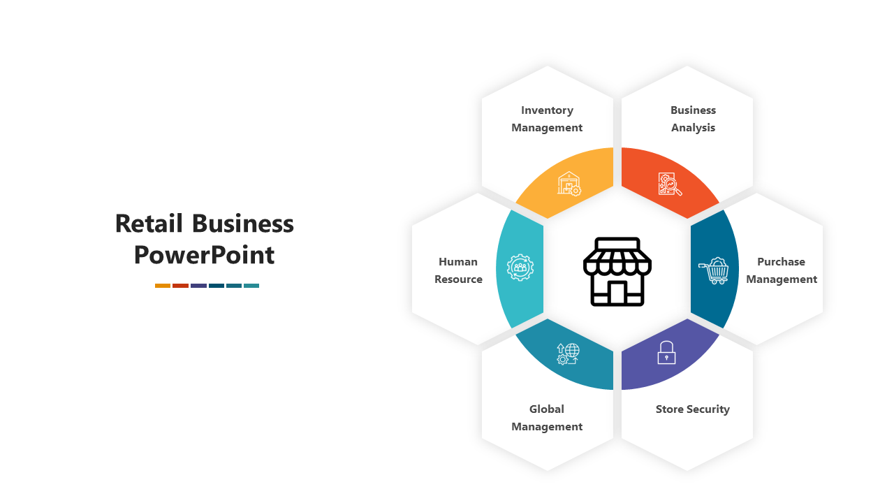 Retail management diagram featuring a store icon surrounded by hexagonal sections in vibrant tones.