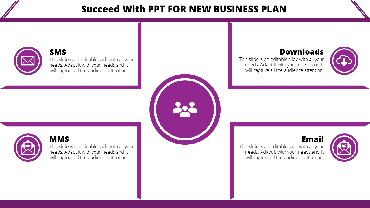 Business plan slide featuring a circular central icon with four connected panels describing communication methods.