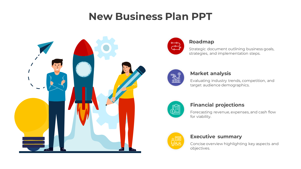 Illustration of a rocket launch with individuals and four descriptions of business plan on the right.