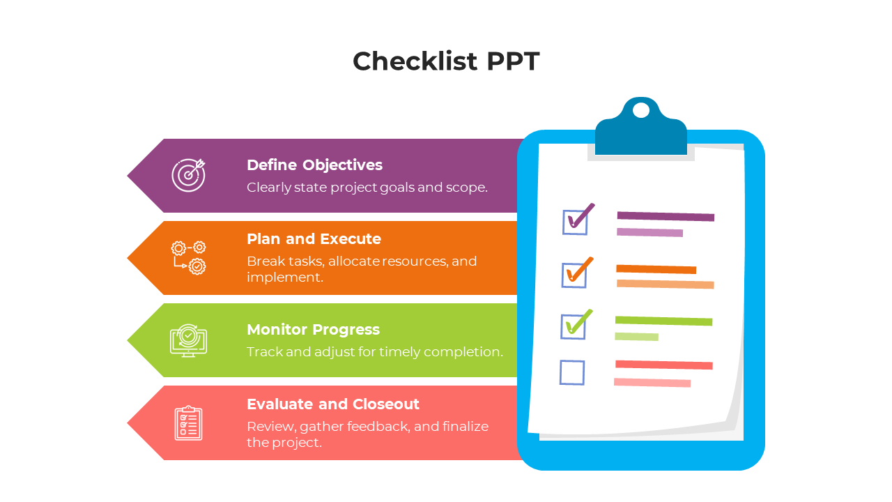 Colorful checklist infographic slide with four steps from defining objectives to evaluating and closeout with icons.