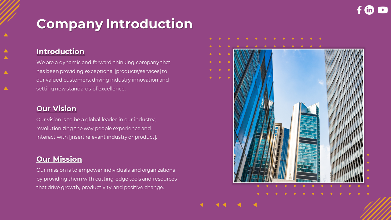 Company introduction slide with mission, vision, and text alongside an image of modern skyscrapers on a purple backdrop.