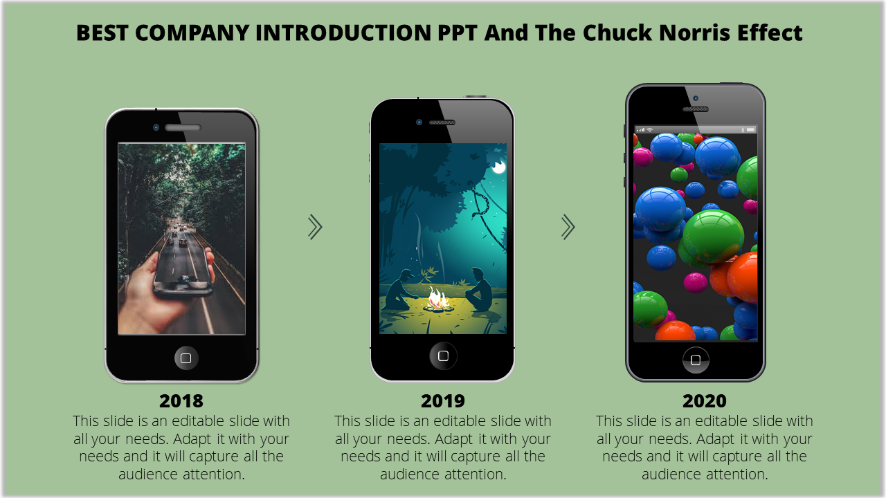 Three company introduction smartphone mockups in a row displaying images of a road, a campfire scene, and colorful 3D sphere.