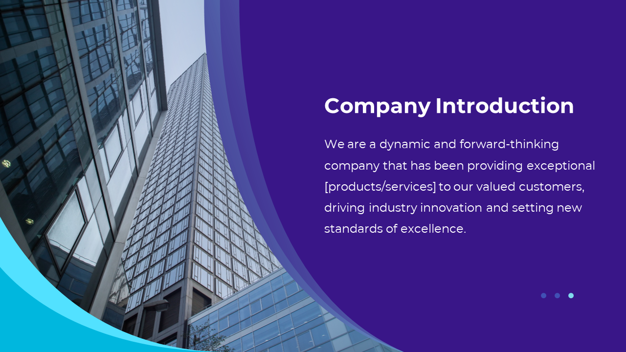 PowerPoint slide showcasing a company introduction with a modern skyscraper background and a description.