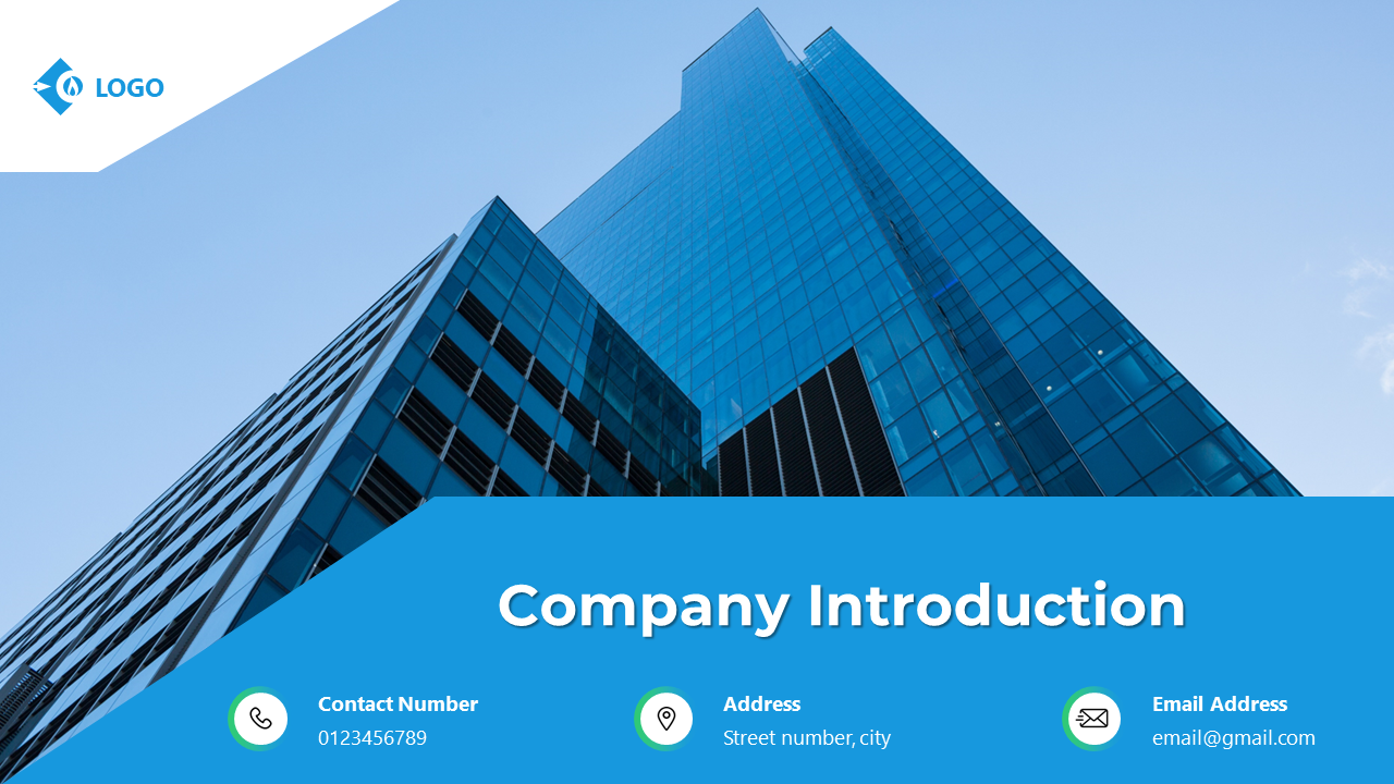 PowerPoint slide for company introduction with a modern building background, contact details, address, and email.