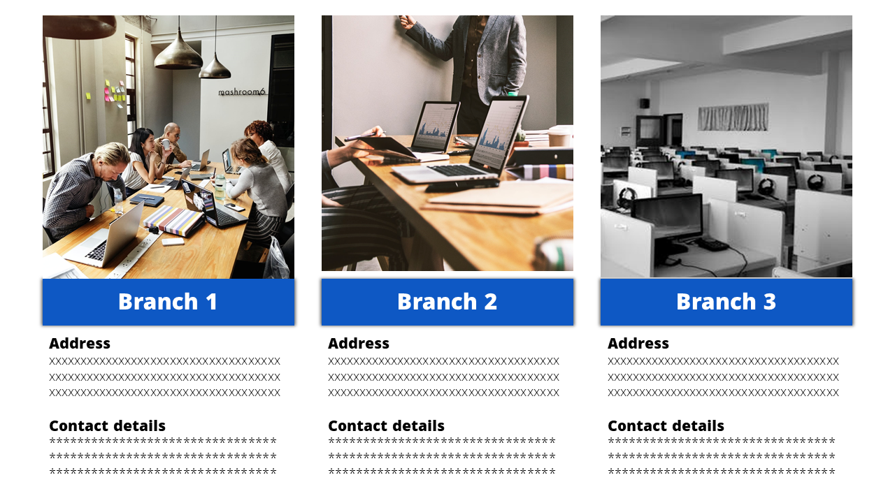 Slide with three branch sections, each showing office photos and blue labels, with placeholders for address and contact.